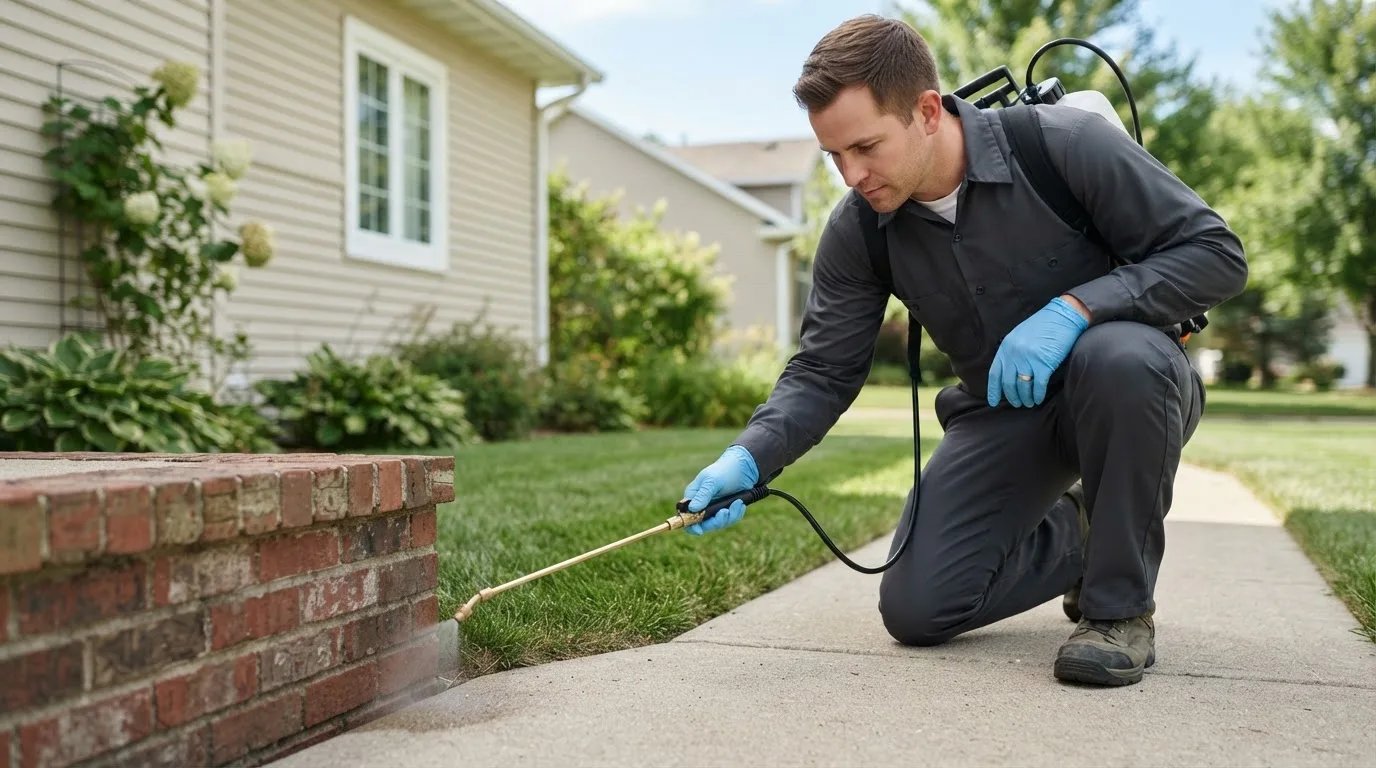 Pest control technician treating a home near Isle Saint George, OH