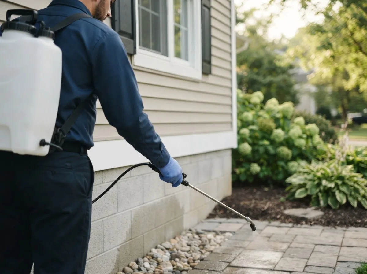 Pest control technician inspecting a home in Isle Saint George, OH